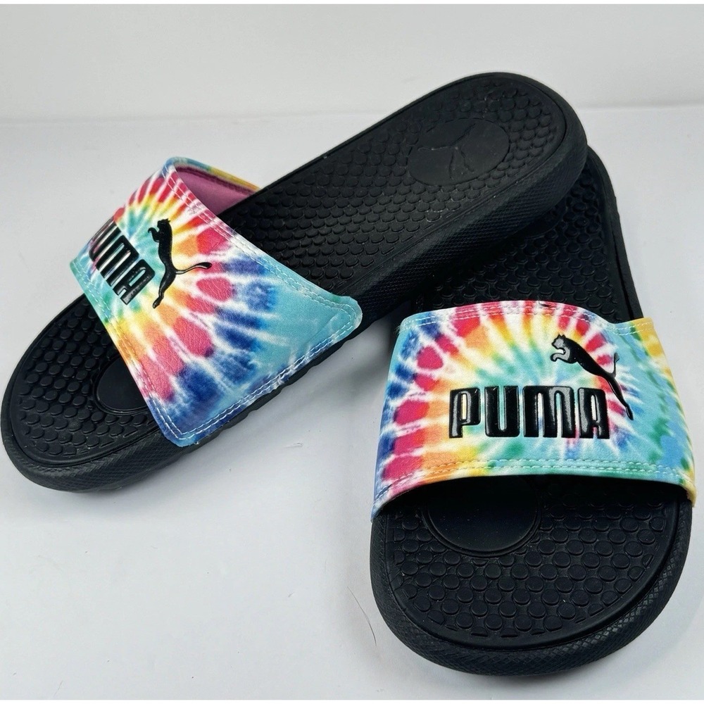 Puma Tie-Dye Slide Sandals Black‎ Rainbow Slip-On Comfort Pool Slides Size 6